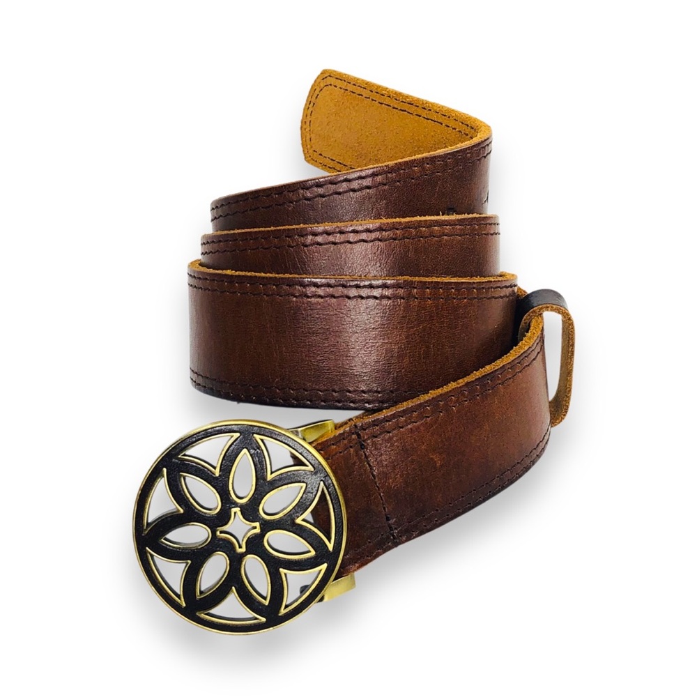 American Eagles Women Brown Genuine Leather Belt L Round Gold Brass Buckle Boho